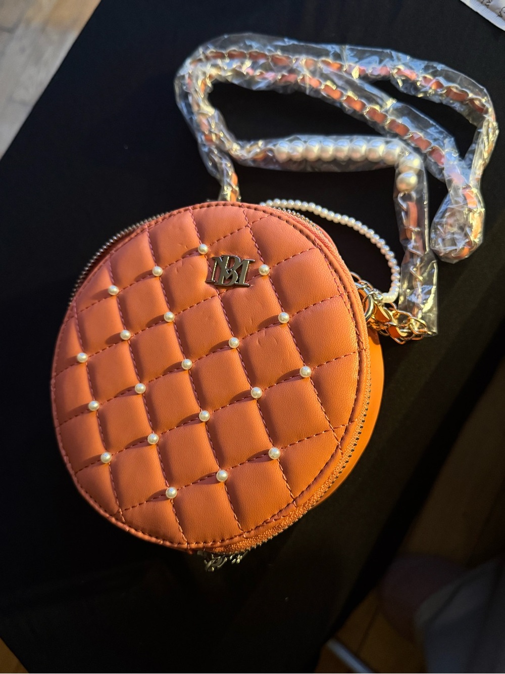 Badgley Mischka Coral Orange Quilted Round Crossbody with Pearl Studs